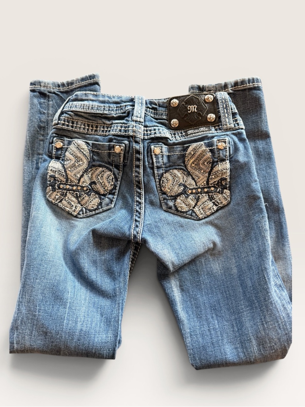 Miss Me Girls Size 8 Slim Embellished Skinny Jeans Medium Wash Bling Pockets